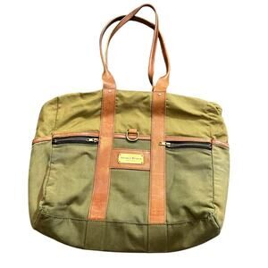 Sword & Plough Green Signature Tote Bag Tan Leather Trim‎ Canvas Travel USA